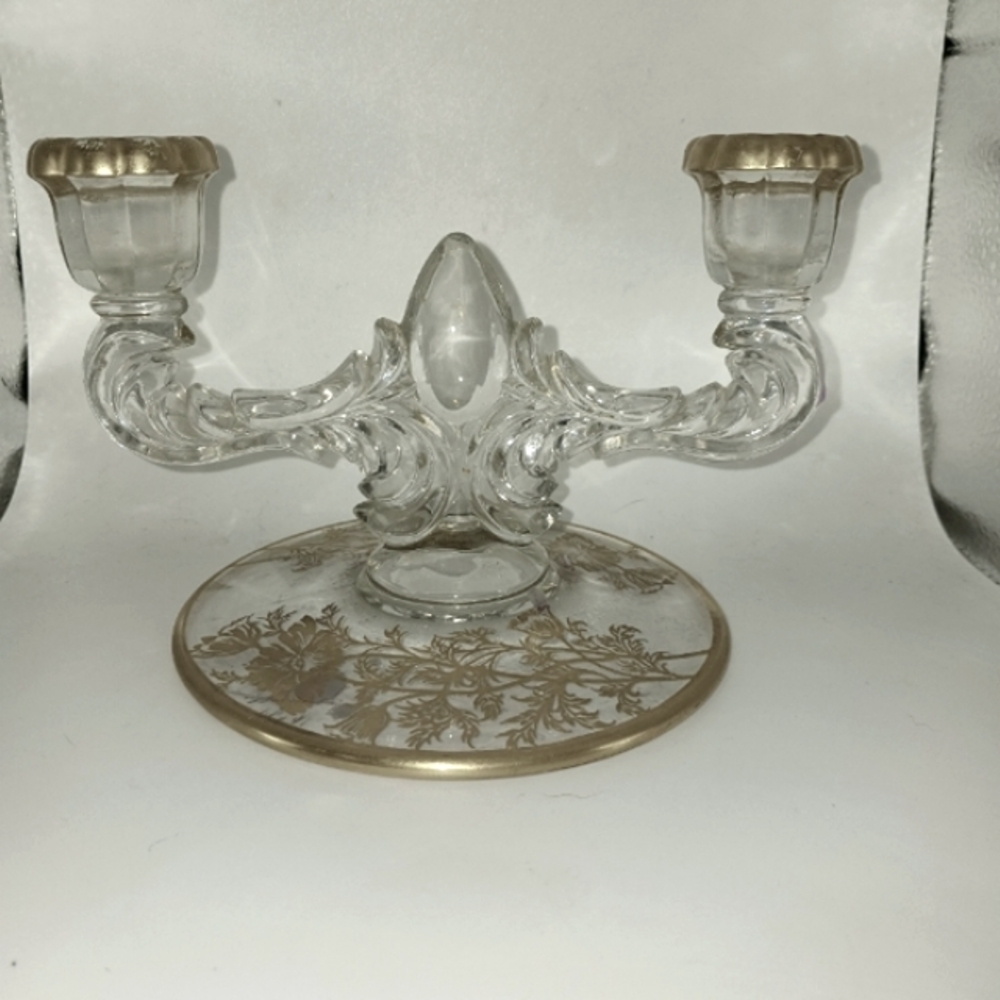 Vintage NEW MARTINSVILLE CITY GLASS Candlestick Candleabra Gold Flower Overlay 2
